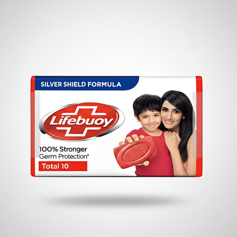 Lifebuoy soap bar packaging with a child and woman holding it on a white background