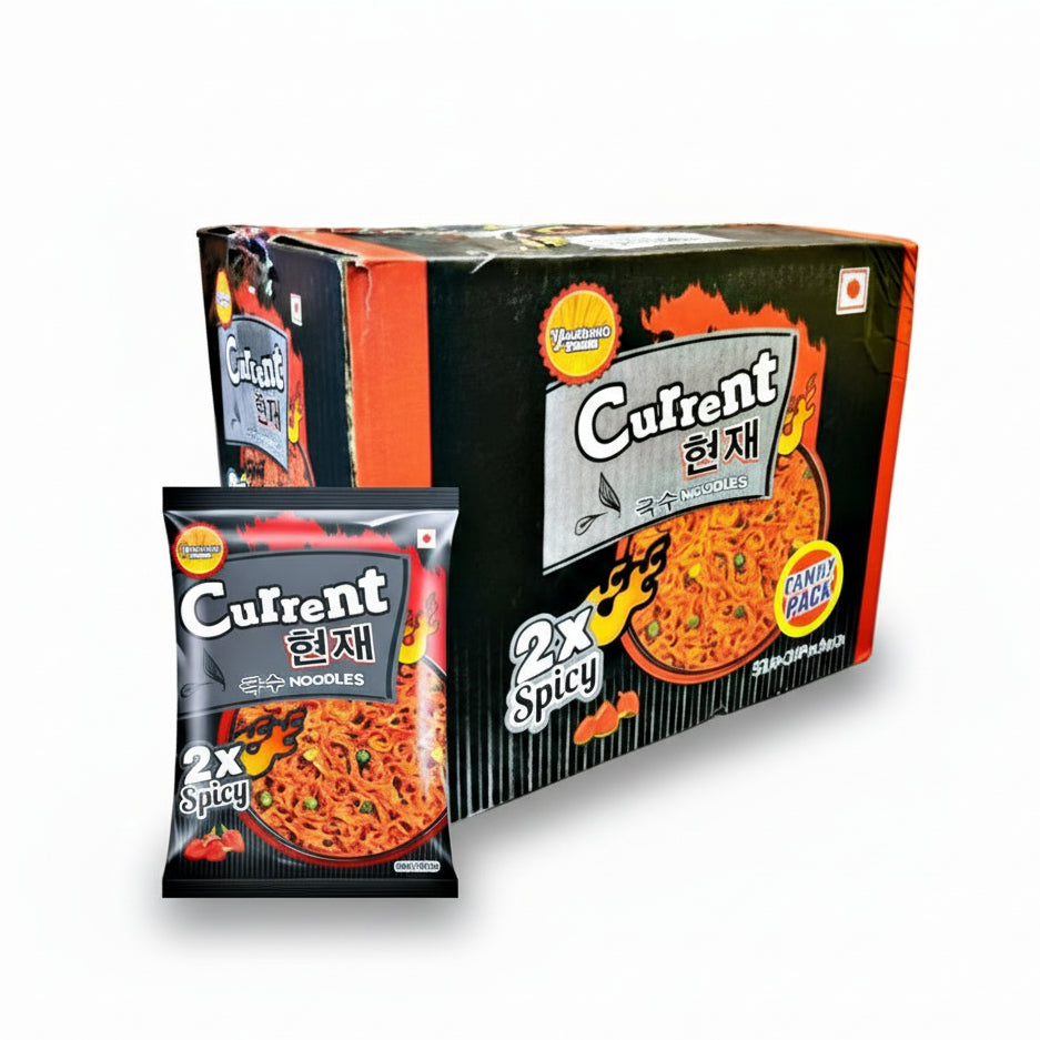 Current spicy noodles packaging on a white background