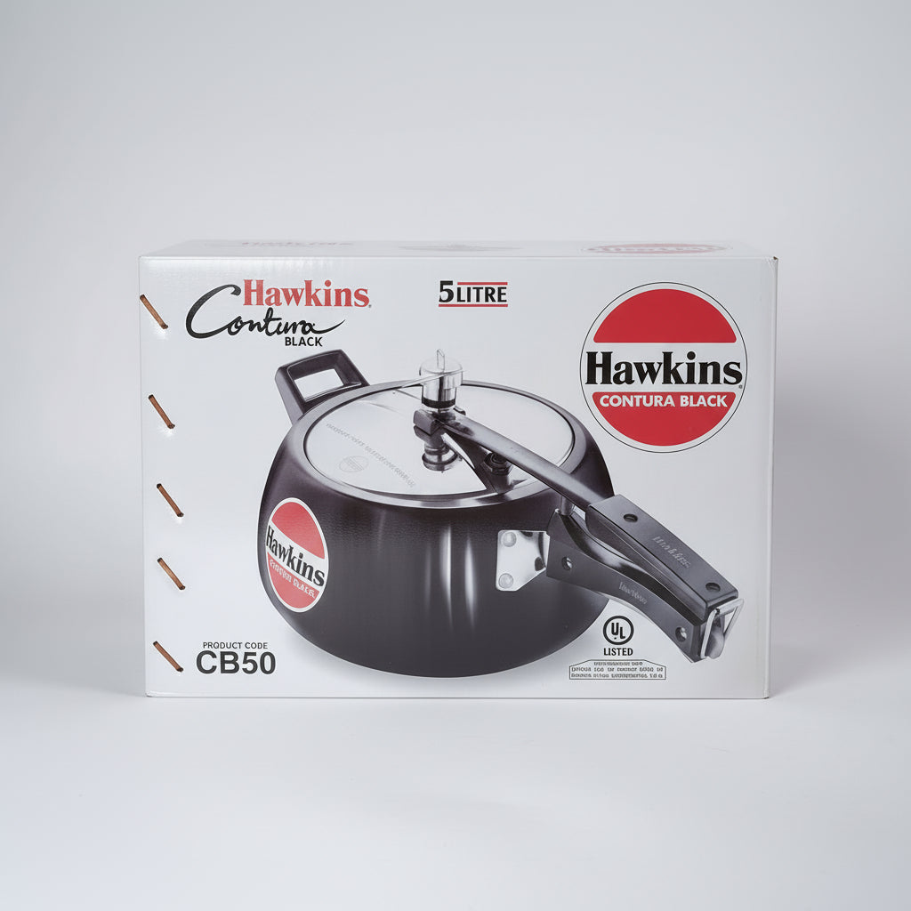 Hawkins Contura Black pressure cooker packaging on a white background