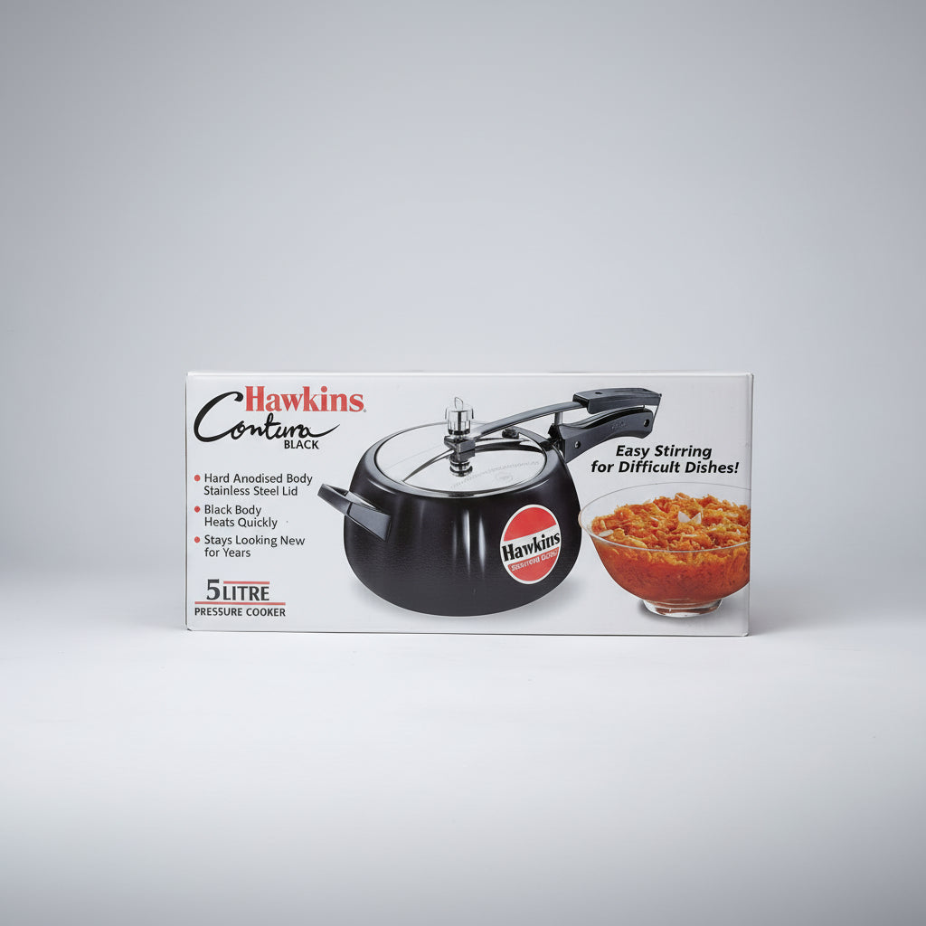 Hawkins pressure cooker packaging with product and text on a white background