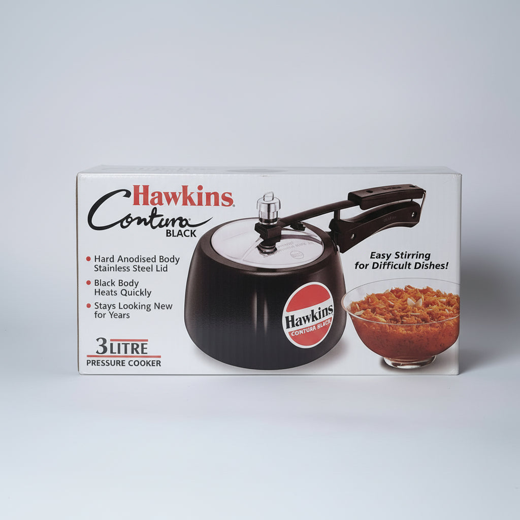 Hawkins pressure cooker packaging with product image and features listed