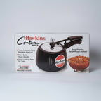 Hawkins pressure cooker packaging with product image and features listed