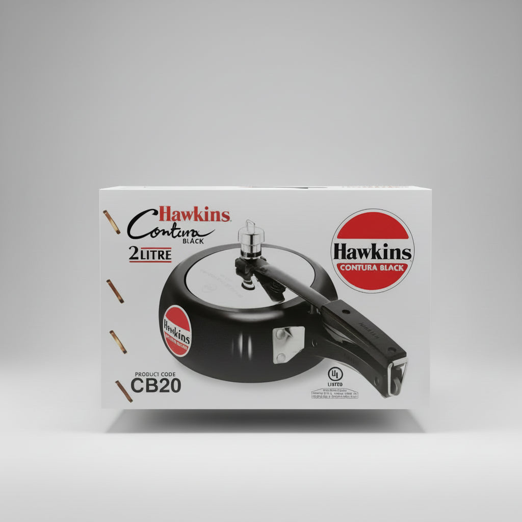 Hawkins Contura Black pressure cooker packaging on a white background