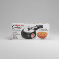Hawkins Contura Black pressure cooker packaging with a bowl of food on a white background