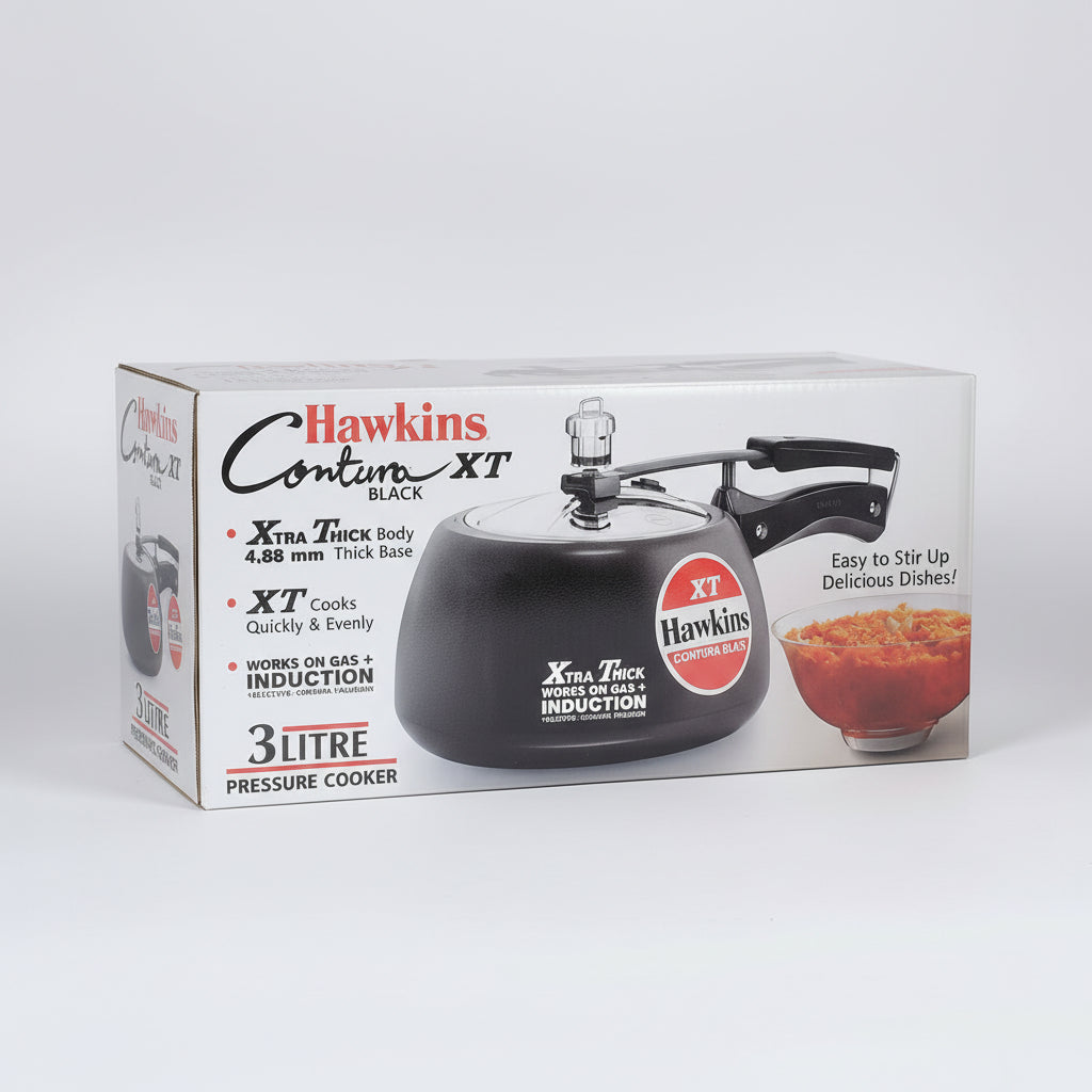 Hawkins Contura XT pressure cooker packaging with product image and features on a white background