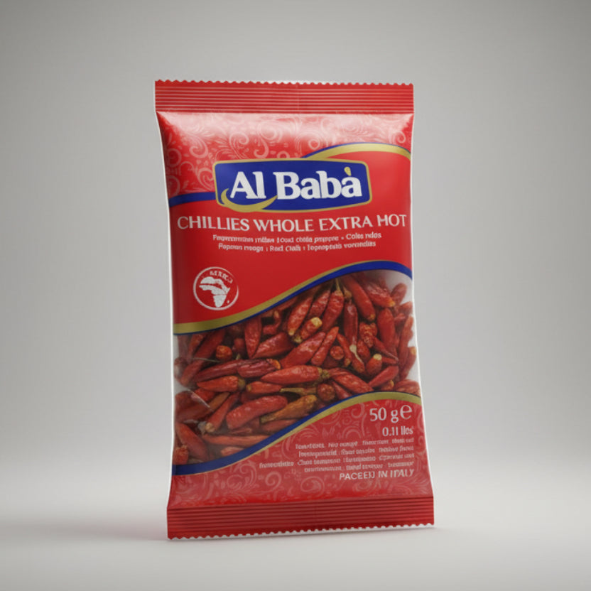 Red package of Alibaba Chillies Whole Extra Hot on a white background