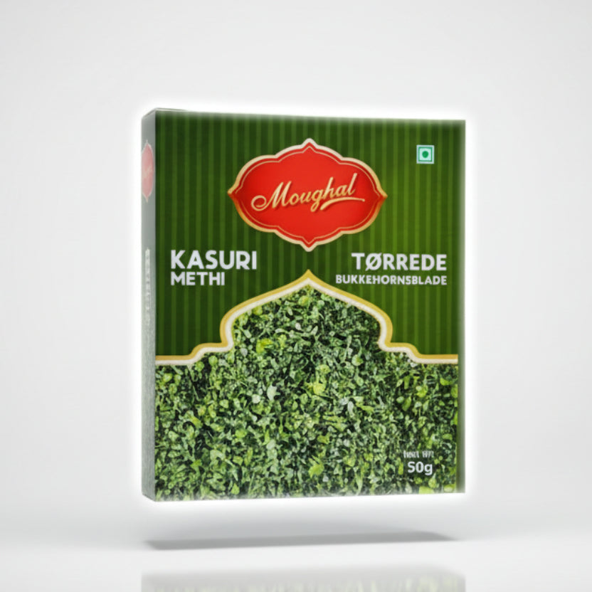 Green package of kasuri methi with 'Mughal' branding on a white background