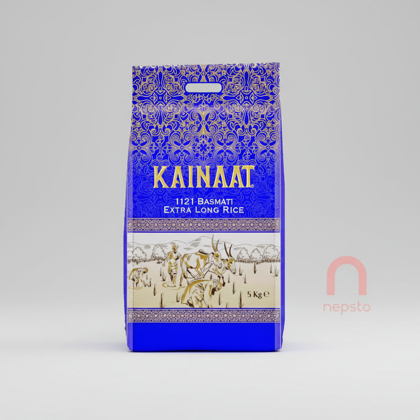 A 5kg bag of Kainaat 1121 Basmati Extra Long Rice, with a predominantly blue color scheme and decorative patterns