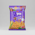 A packaged snack product named '2pm masala munch sticks' showing the snack in a golden crunchy form, with spices and condiments around it.
