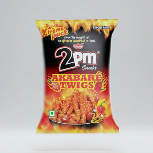 A packaged snack product named '2pm Akabare Twings' with visual emphasis on its spiciness.