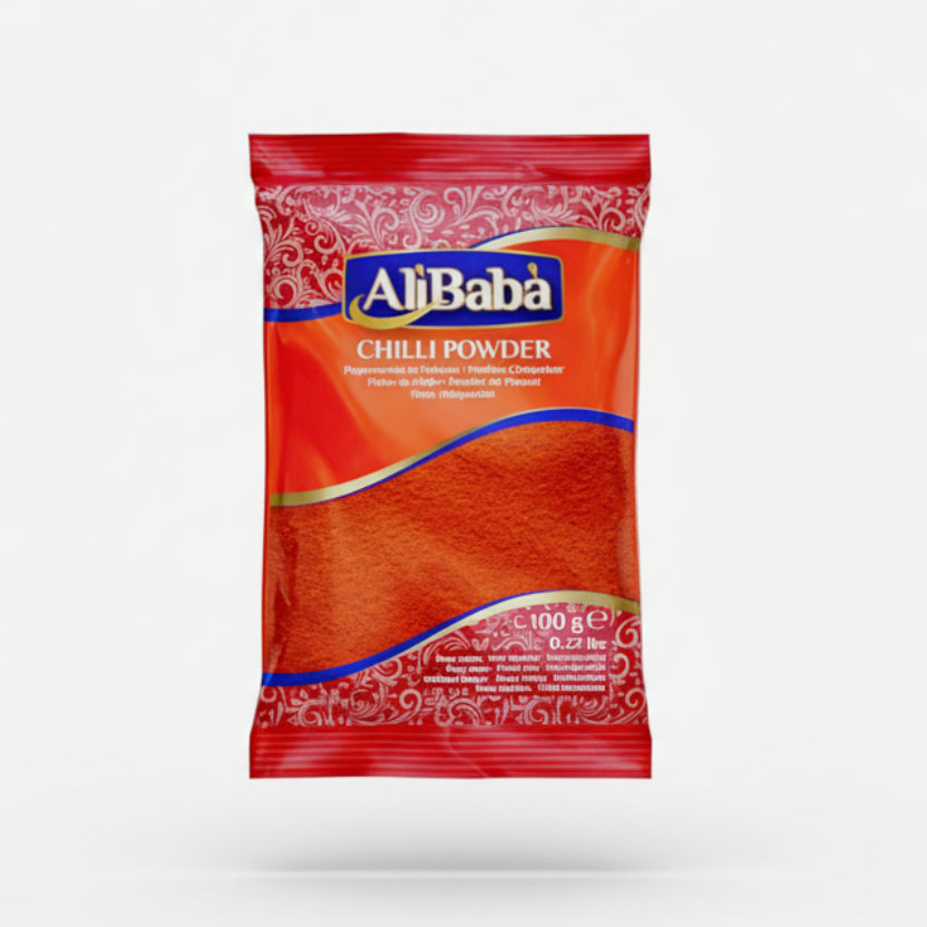 A packaged product of Alibaba brand Chilli Powder, 100g.