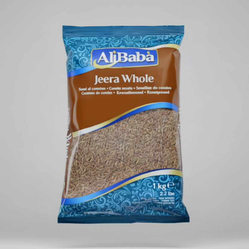 Packaged spices with 'Alibaba' branding on a gray background
