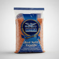 A package of Heera brand red split lentils, 2kg, with product information and branding visible on the label.