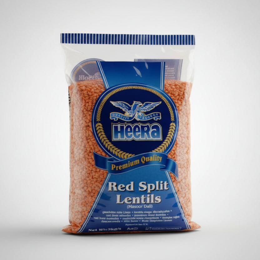 A package of Heera brand red split lentils, 2kg, with product information and branding visible on the label.