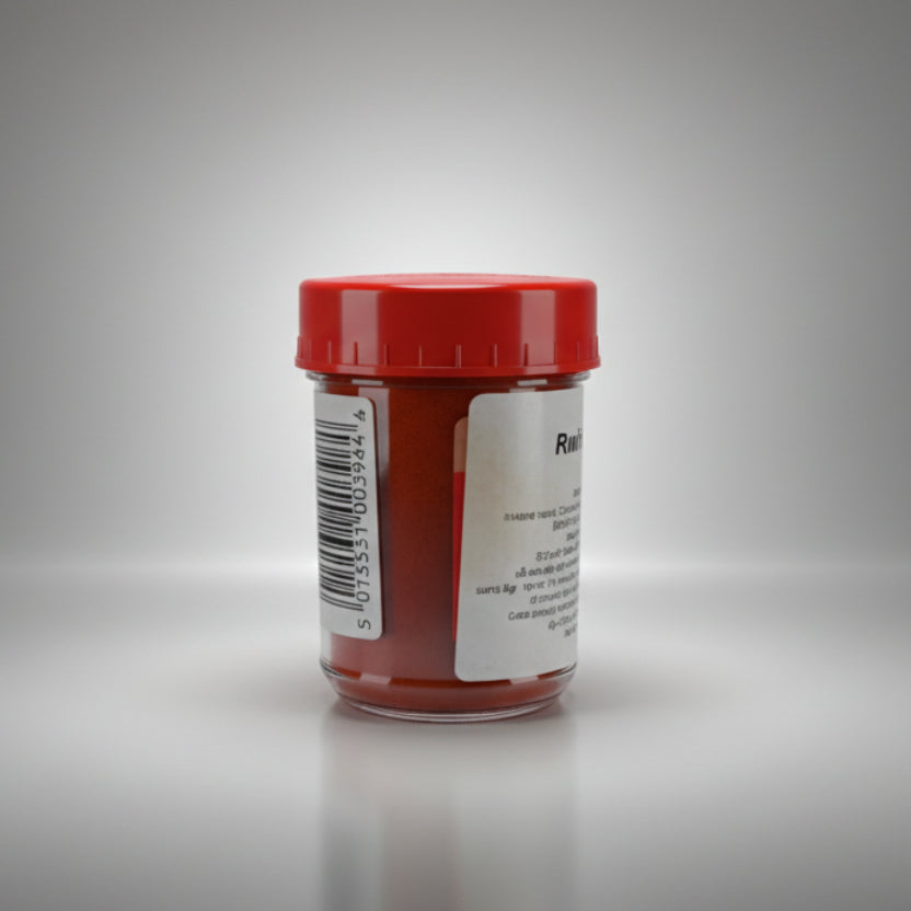 A red plastic jar of food coloring with a label, placed on a white surface.