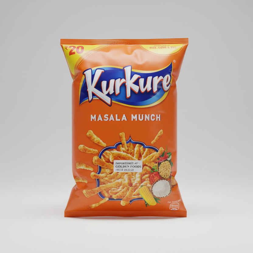 A packaged snack product branded 'Kurkure Masala Munch' in an orange colored bag.
