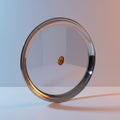 A round silver steel plate with a reflective surface placed against a white background, with a visible brand sticker on the upper right side.