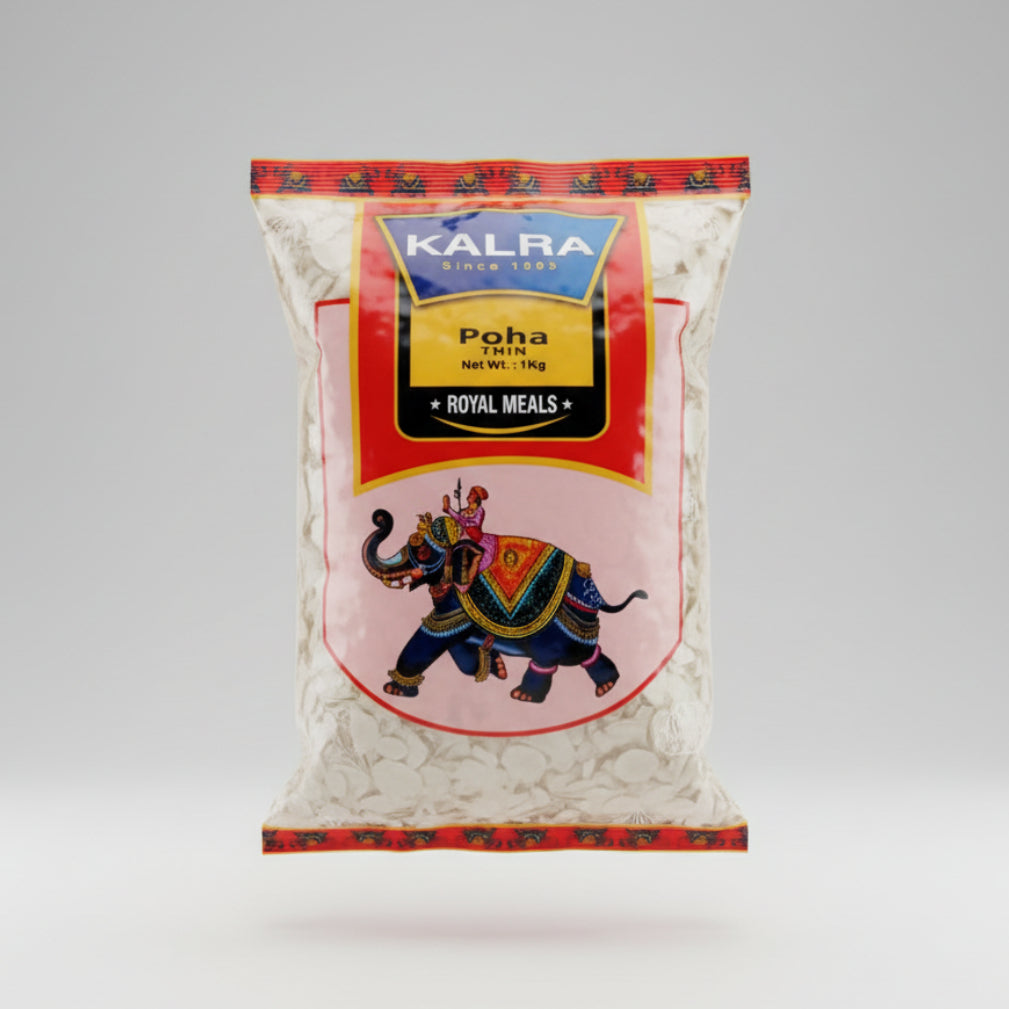 A packaged product of thin powa (Chiura), 1kg, with a decorative elephant illustration on the front, indicating it is a product from Kalra, Royal Meals.