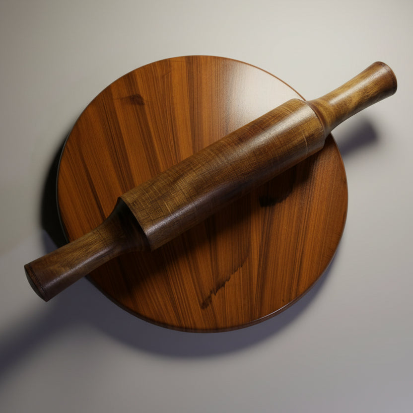 A wooden rolling pin placed on top of a wooden round board.