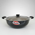 A black Diamond brand induction karahi with a lid and two handles on a white background.