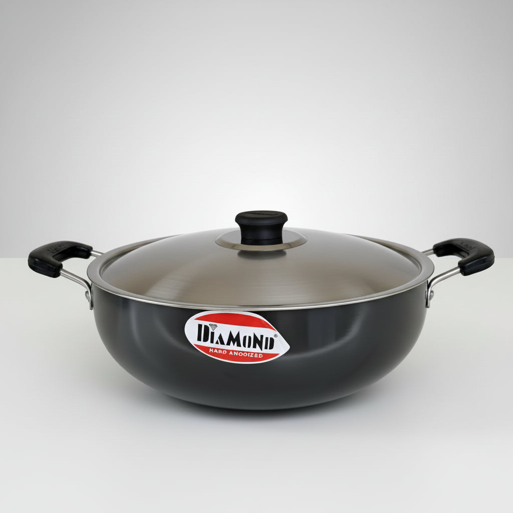 A black Diamond brand induction karahi with a lid and two handles on a white background.
