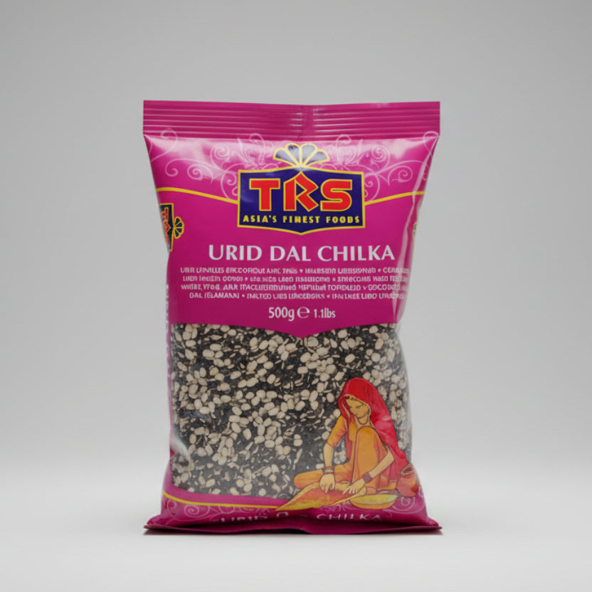 TRS Urid Dal Chilka packaging on a gray background