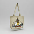 A beige hemp printed handbag with a floral design