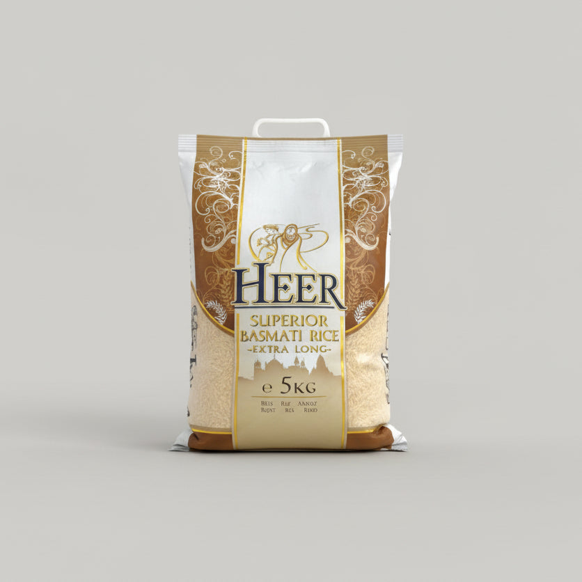 A 5kg bag of Heer Superior Basmati Rice - Extra Long, displayed against a white background.