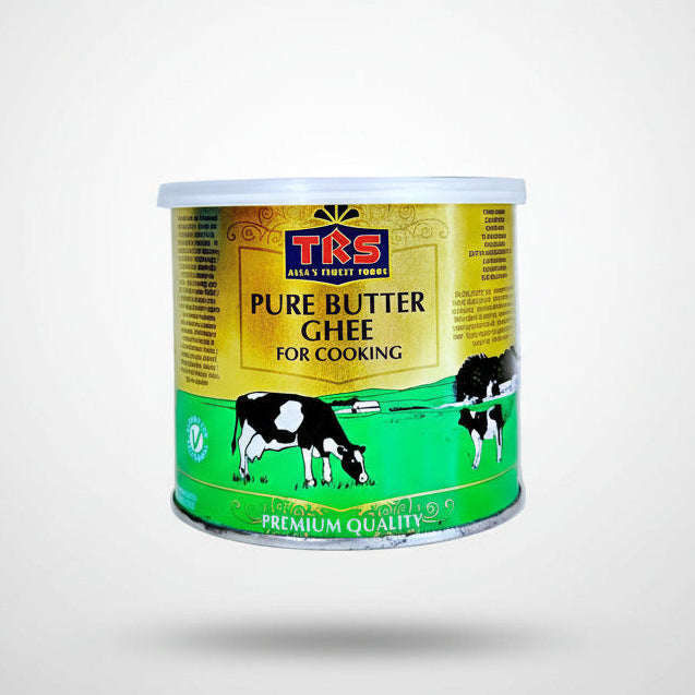 A can of TRS Pure Ghee, 500g, with the brand logo and product information displayed on the label.