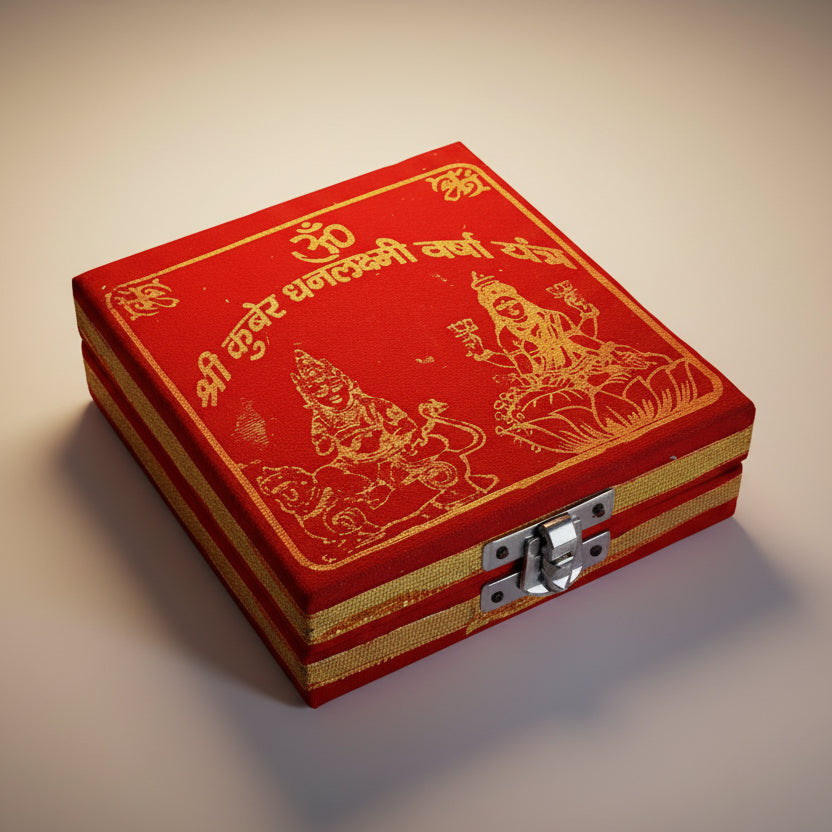 Red and gold box with engraved designs on a beige background