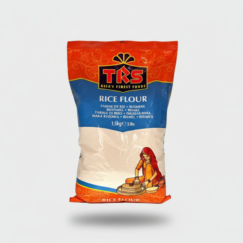 A package of TRS Rice Flour weighing 1.5kg, with product information and branding visible.
