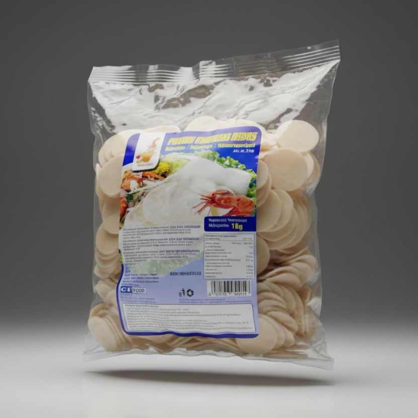 A packaged product labeled Prawn Chips weighing 1kg, displayed against a white background.
