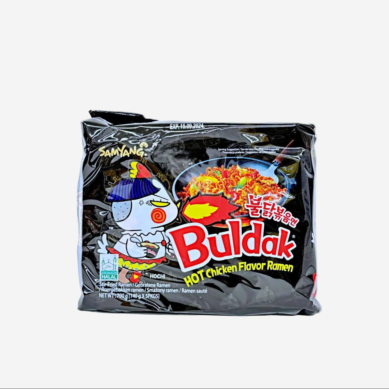 A packaged product of Buldak Noodles Black, showing the product name and an illustration of a character on the front.