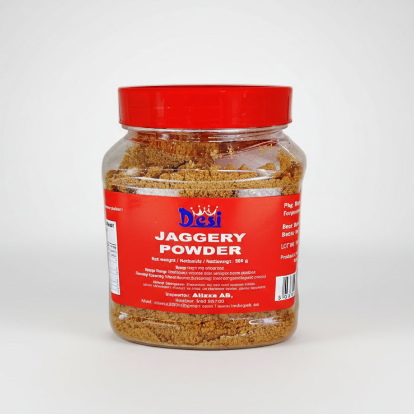 A plastic jar of Sakkhar Powder - 500g with a red label on a white background.