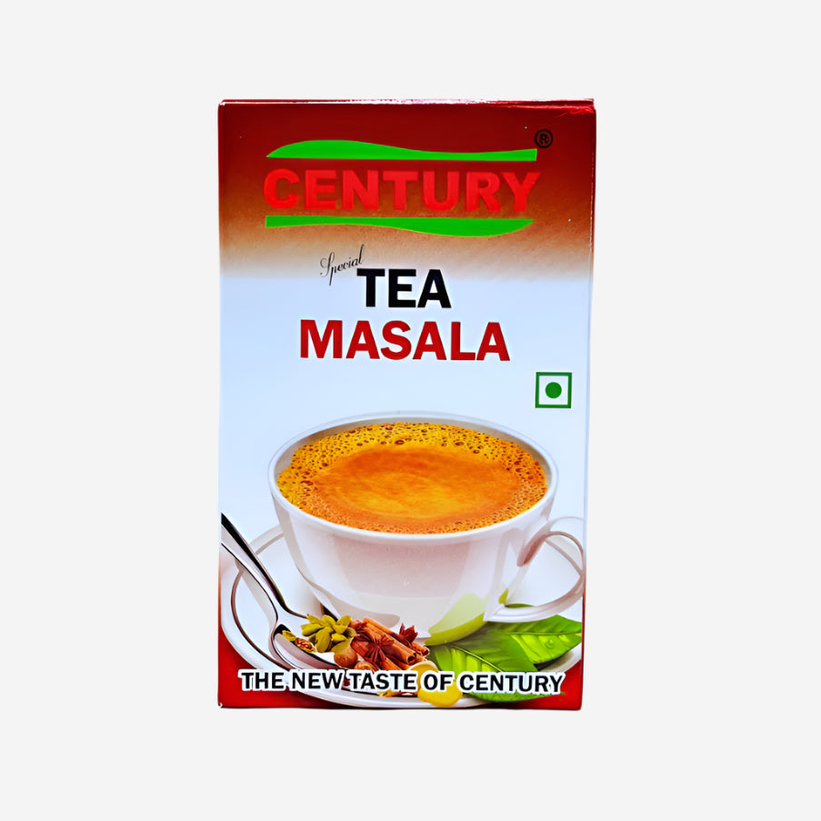 A box of Century brand Tea Masala, showing a cup of tea with a masala spice bag on the front cover.