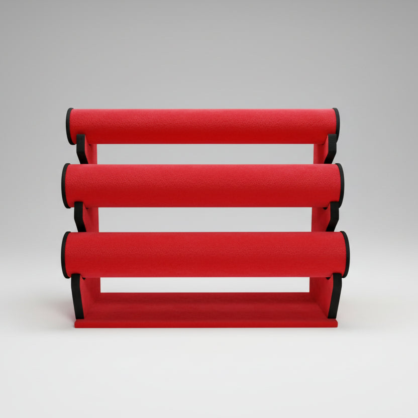 A red churi stand with multiple horizontal rods, likely made of metal, against a white background.