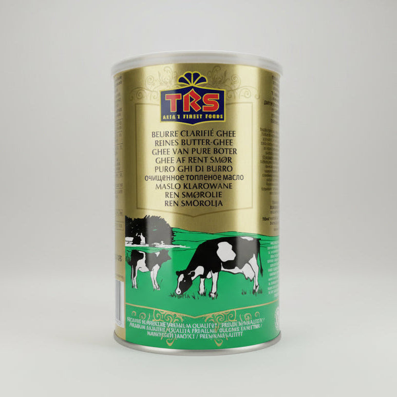 TRS butter can with gold label and cow illustration on a white background