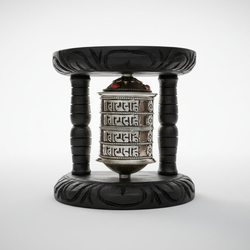A Buddhist prayer wheel with silver-colored metal casing, placed on a dark wooden stand.