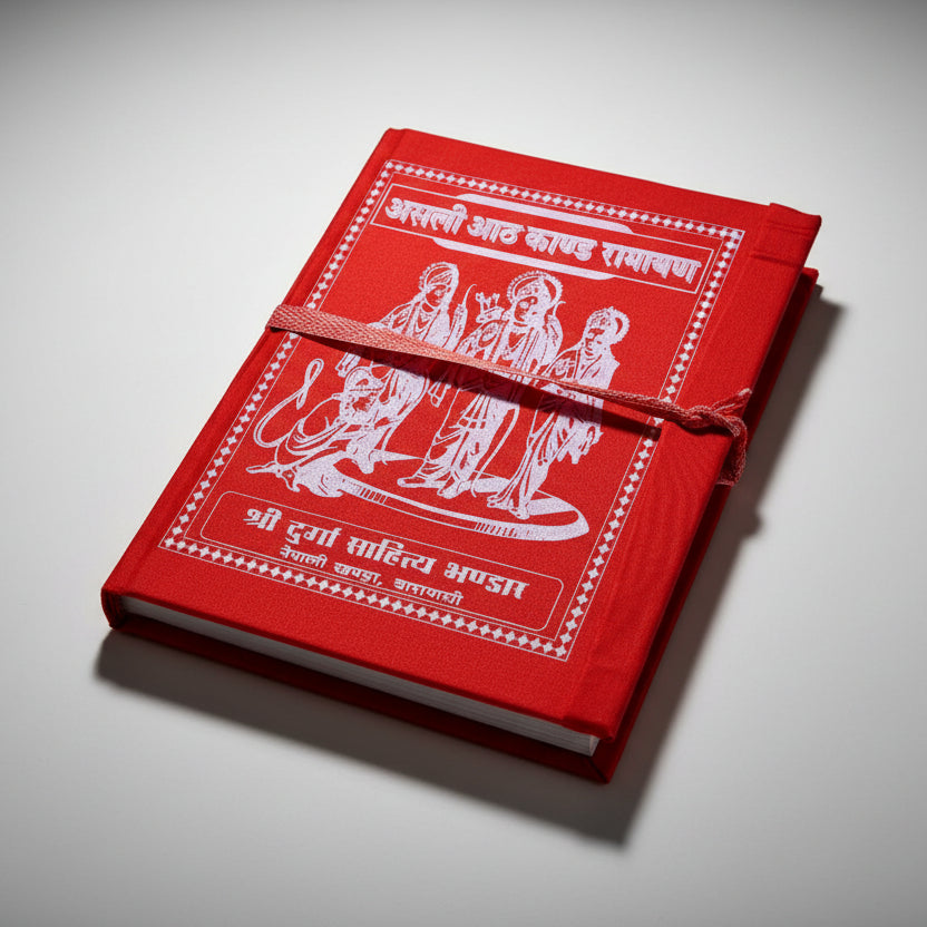 A red cover of a Ramayan book with white text and illustrations.