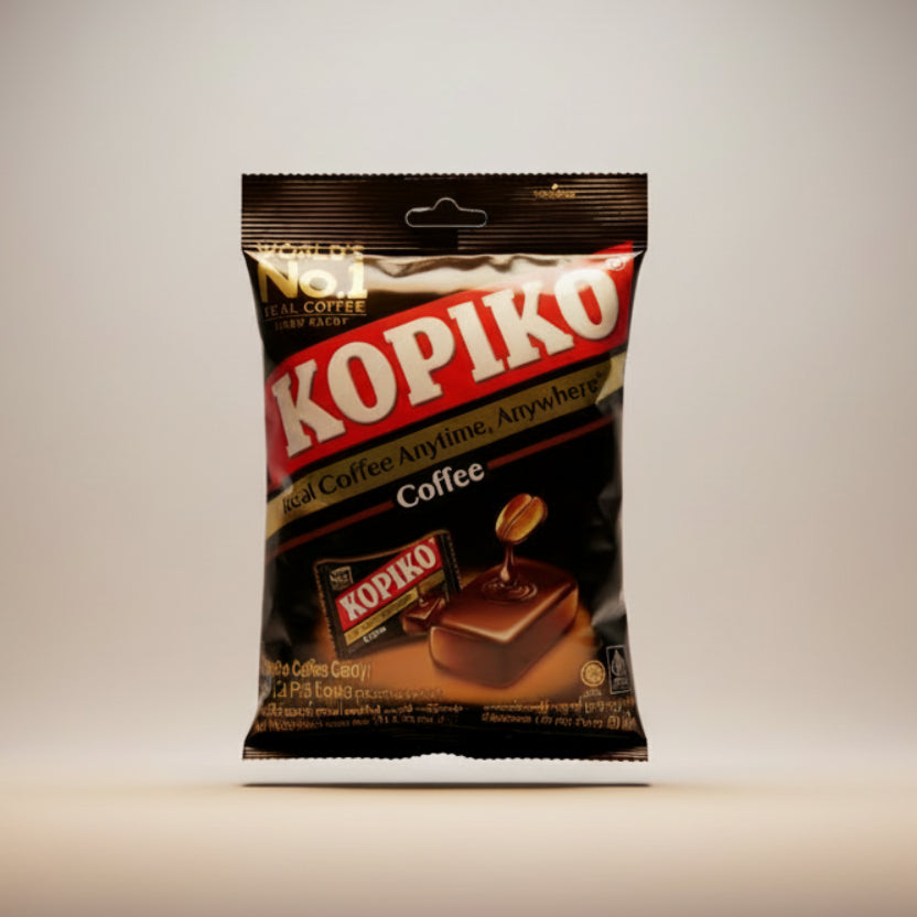 A package of Kopiko coffee hard candy, 175g/50stk, with a picture of the black candy pieces on a white background.