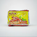 Packaged instant noodles with a yellow and red label on a white background