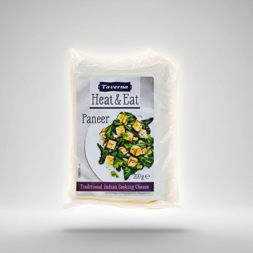A packaged product labeled 'Taverna Heat & Eat Paneer' in a white background.