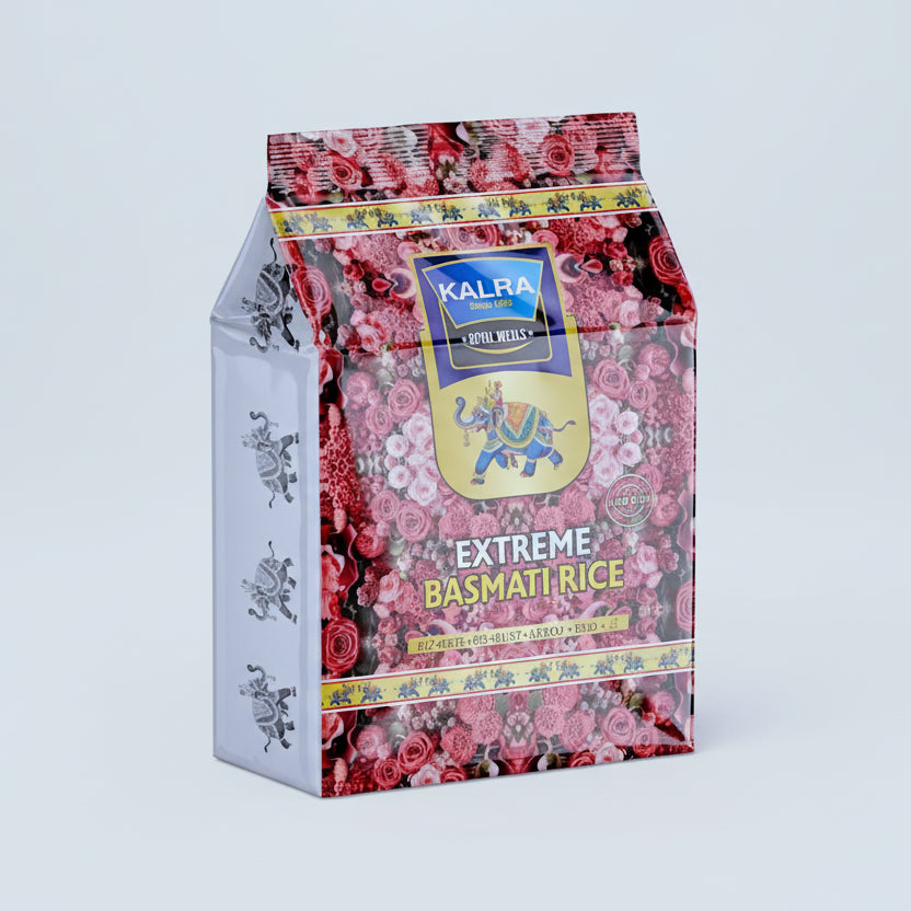 A package of Kalra Extreme Basmati Rice featuring a colorful design with floral patterns and the brand's logo on the front.