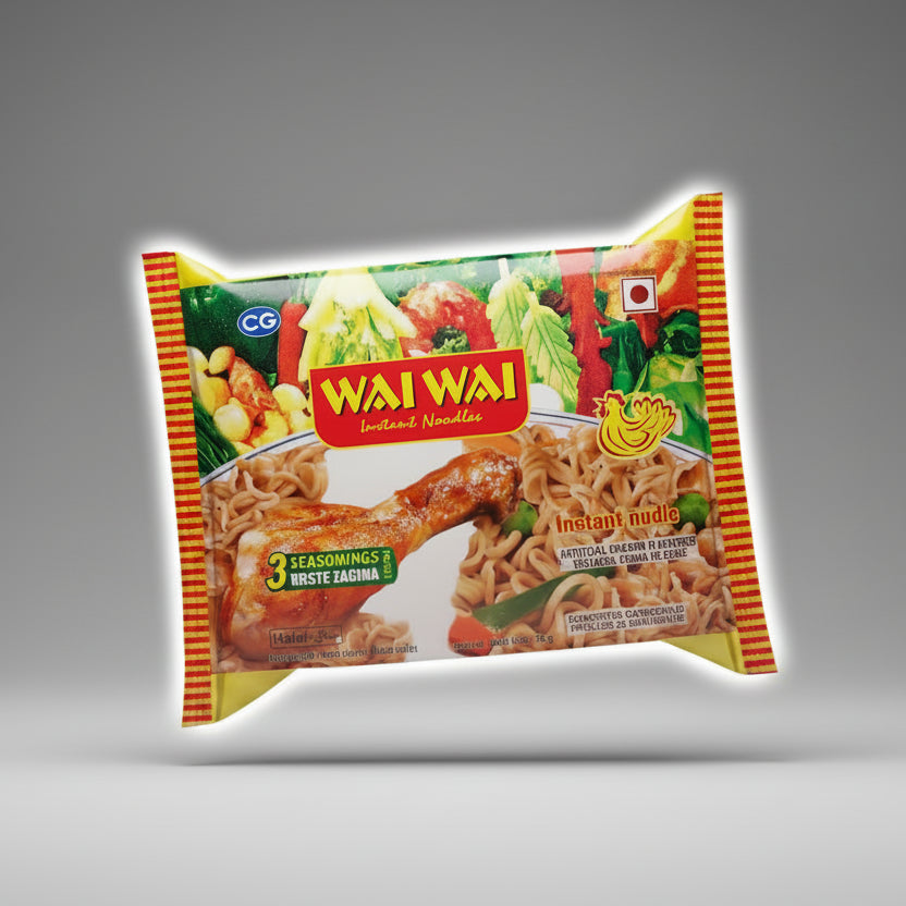 A packet of Waiwai instant noodles showing the noodles and vegetables in the foreground, with a colorful background.