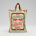 A 5kg burlap sack of Double Zebra brand Indian raw basmati rice with a green label and red text.
