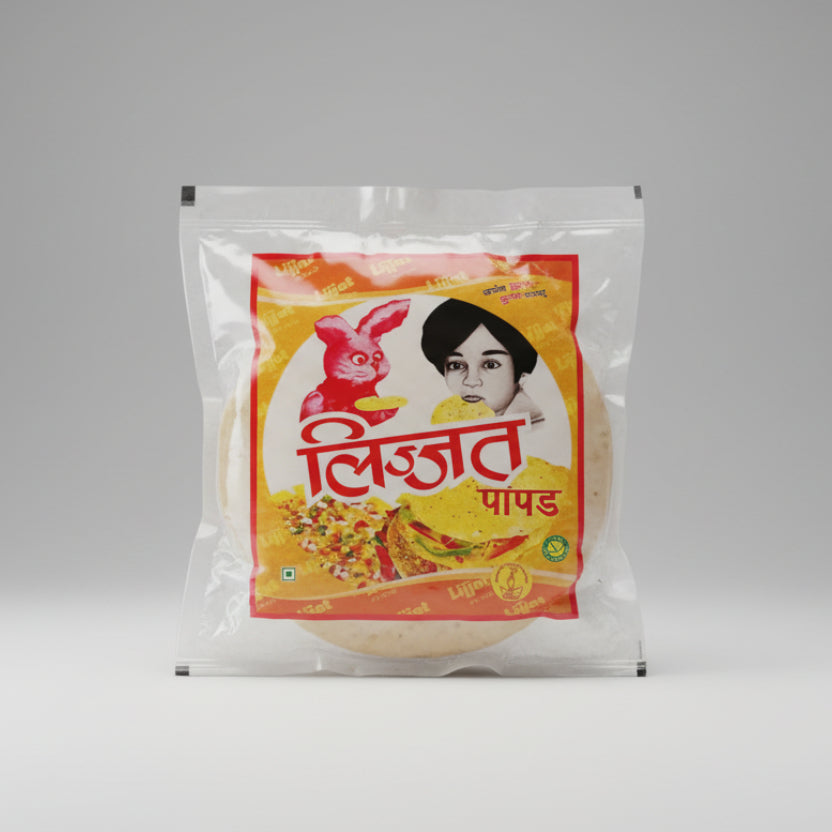 A packaged food product with branding and text, prominently featuring an image of a woman and a red rabbit.
