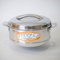 A large, round, silver insulated hot pot with a lid and handles, branded with 'TAAZA'.