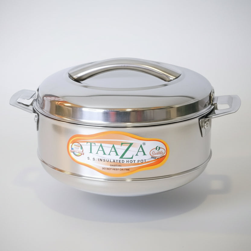 A large, round, silver insulated hot pot with a lid and handles, branded with 'TAAZA'.