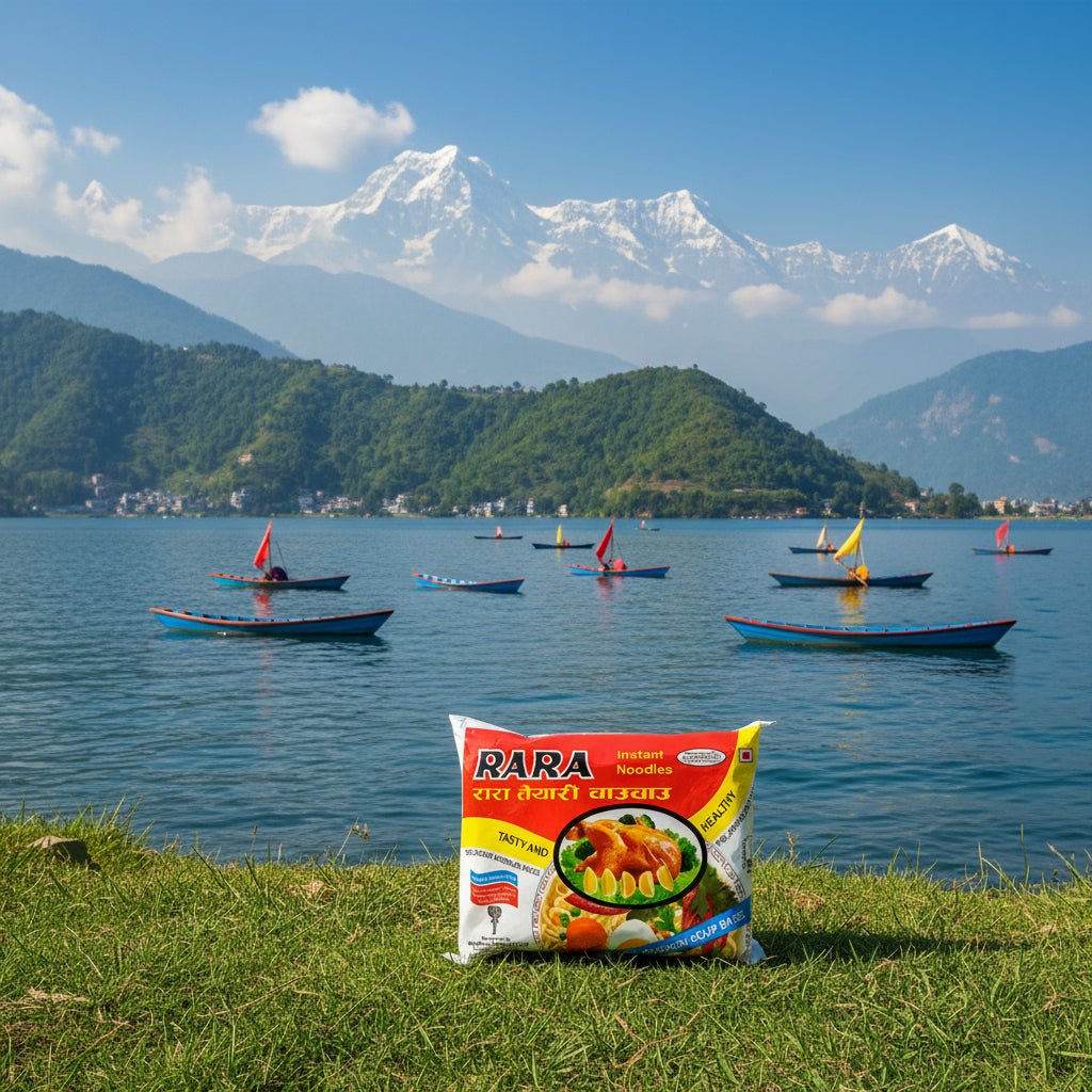 Rara instant noodles package with chicken soup base on a white background