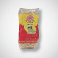 Packaged noodles with a red and yellow label on a shelf.
